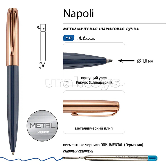 Ручка "Napoli" шариковая автоматическая, синее и розовое золото, 1,0 мм, синяя Ручка "Napoli" шариковая автоматическая, синее и розовое золото, 1,0 мм, синяя