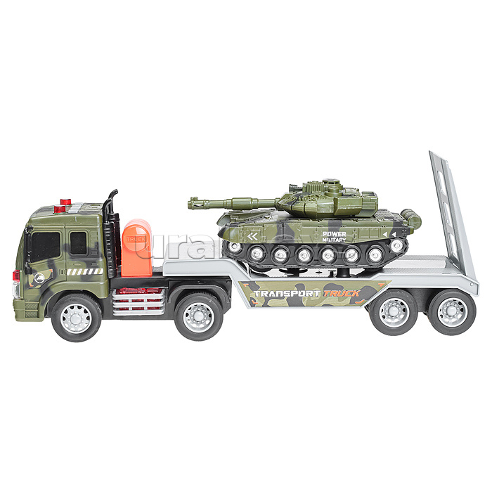 Автовоз "Военный" с танком, 1:16 (свет, звук) на батарейках, в коробке (зеленый)