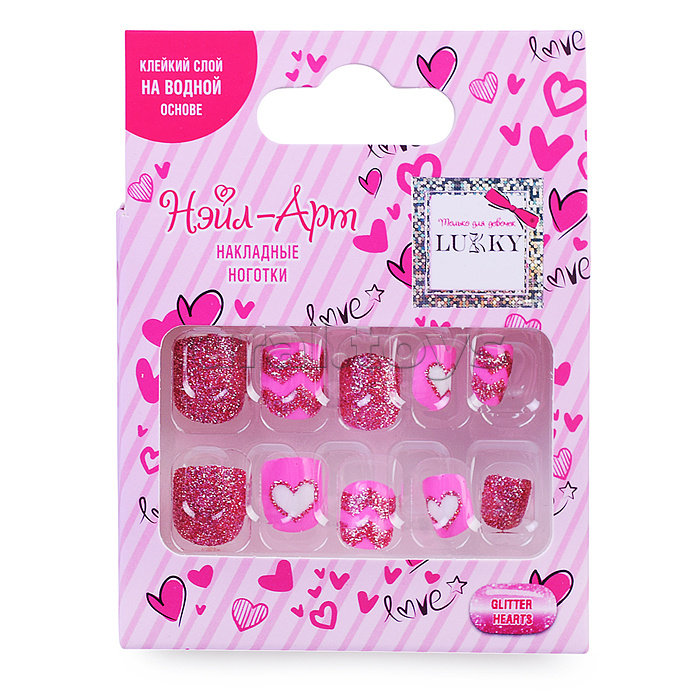 Набор накладных ногтей Glitter Hearts на клеевой основе, 10 шт. Lukky Love Collection Нэйл-Арт