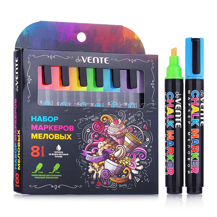 Набор маркеров меловых "Chalk Creative" 8 цветов, круглый корпус, двусторонний наконечник: пулевидный и скошенный, ширина линии 3 мм у пулевидного наконечника, 5 мм у скошенного наконечника Набор маркеров меловых "Chalk Creative" 8 цветов, круглый корпус, двусторонний наконечник: пулевидный и скошенный, ширина линии 3 мм у пулевидного наконечника, 5 мм у скошенного наконечника