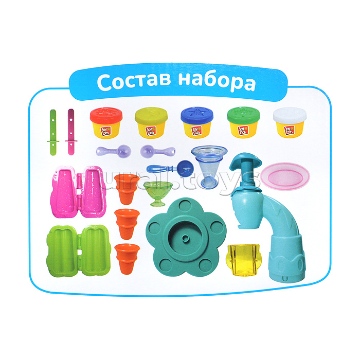 Масса для лепки набор Ice-cream shop - Фабрика мороженого, Машинка для мороженого, 3D формы, 15 аксессуаров, 5 баночек с тестом,  (5 х 50г.),