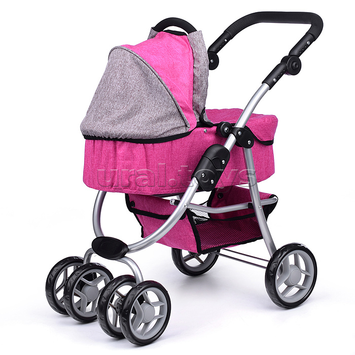 Коляска-трансформер для кукол, металлическая, регулируемая ручка, с корзиной, цвет розовый