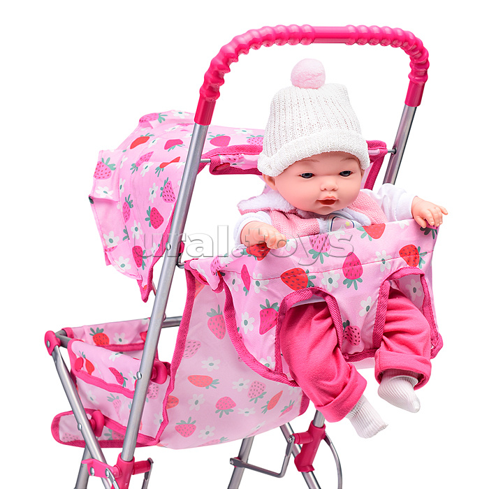 Коляска для кукол, складная, прогулочная, с тентом, цвет клубнички на розовом