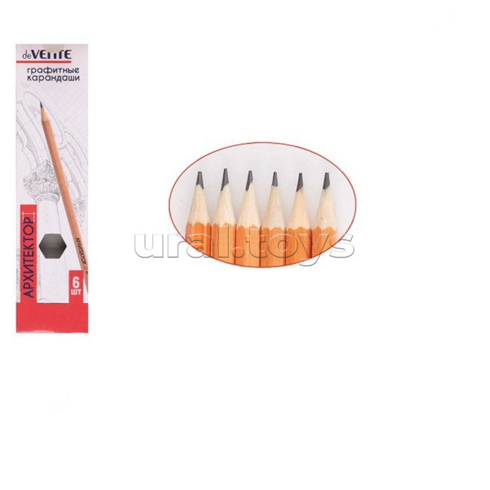 Карандаш чернографитный "Архитектор" 06 шт в наб (2Т, Т, ТМ-2, М, 2М) диаметр грифеля 2 мм, шестигранный, заточенный, в картонной коробке, корпус натуральный лакированный