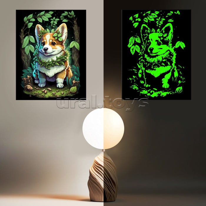 Картина по номерам 30х40 "Щенок корги" черный холст со светящейся краской, цветная схема (30 цветов)