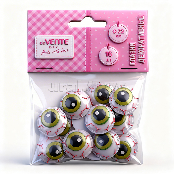 Глазки декоративные "DIY Ghost Eyes" 16 шт, пластиковые, самоклеящиеся, зеленые, с бело-красным фоном и черными зрачками, диаметр 22 мм, в пластиковом пакете с блистерным подвесом
