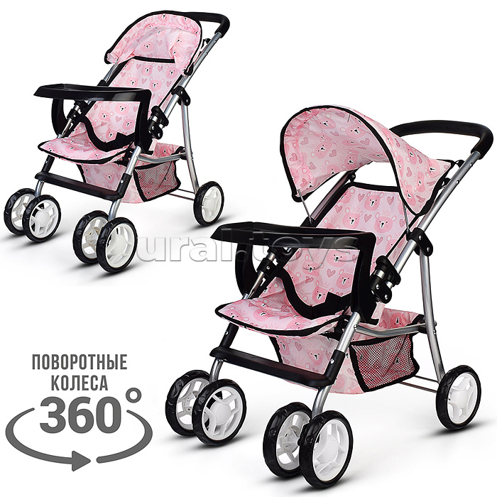 Коляская кукольная металлическая, со столиком, корзиной и козырьком, принт мишки