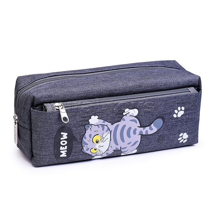 Пенал "Meow Cat" 21x8,5x6 см, плотный износостойкий полиэстер с водоотталкивающей пропиткой, отделение на молнии, прямоугольный для 70 предметов, внешний карман на молнии, темно-серый