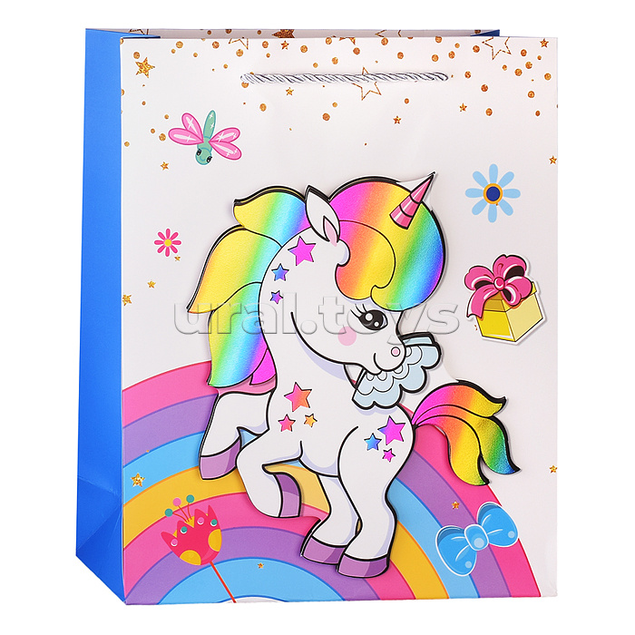 Пакет подарочный "Единорог на радуге" 26х32х10 см, 3D