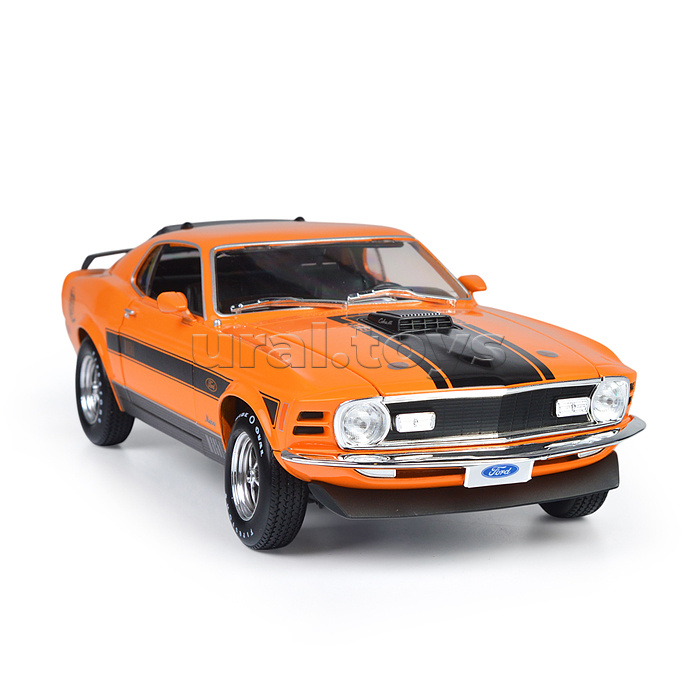 Машинка die-cast 1970 Ford Mustang Mach 1, 1:18,  оранжевая с принтом, открывающиеся двери