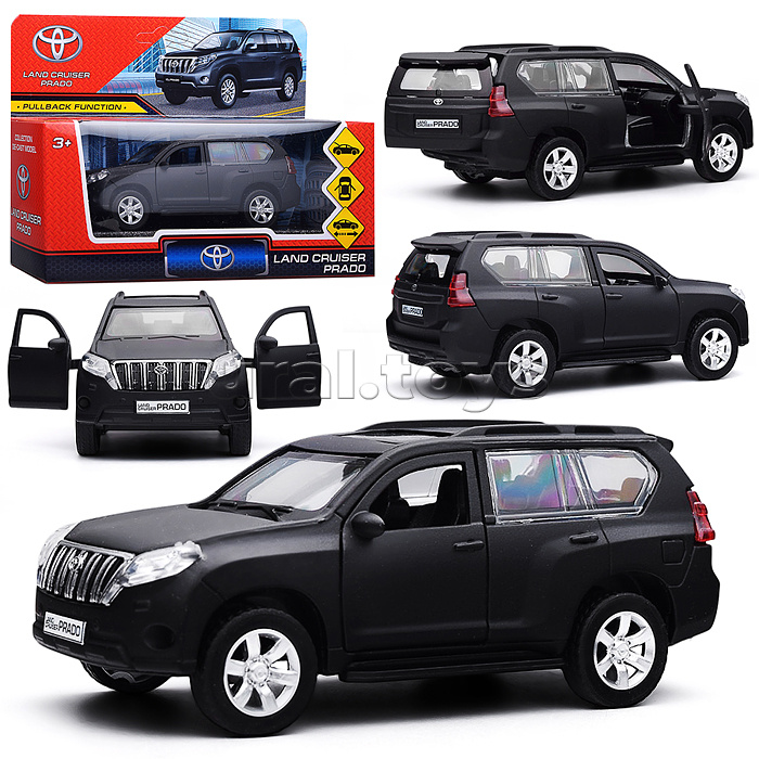 Машина металл Toyota Prado матовая 12 см, двери, багаж, инерц, черный