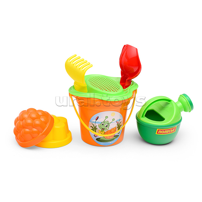 Набор №238: ведро малое, ситечко-цветок, совок №2, грабельки №2, 2 формочки, лейка малая №3