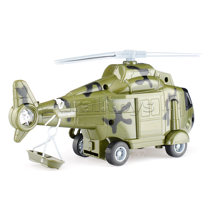 Автовоз "Военный" с вертолетом 1:16 (свет, звук) в коробке (зеленый)