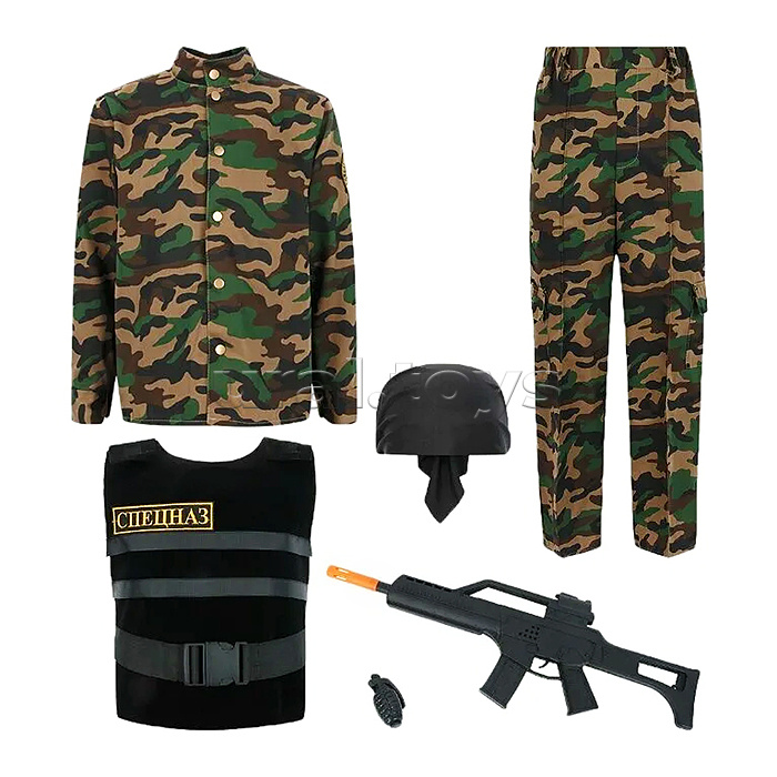 Костюм "Спецназ"(рубашка, брюки, бронежилет, бандана, автомат) размер 152-80