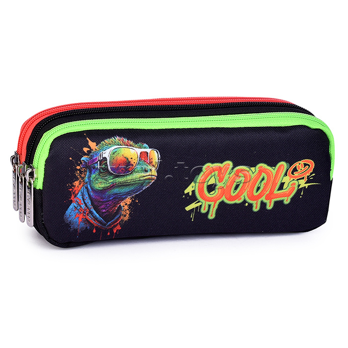 Пенал "Cool Lizard" 21x8,5x5,5 см, прямоугольный для 60 предметов, плотный износостойкий полиэстер с водоотталкивающей пропиткой, 3 отделения на молнии, с молниями 3-х цветов