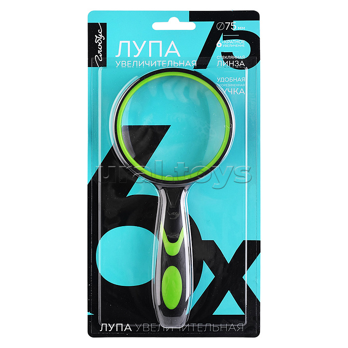Лупа увеличительная стеклянная с прорезиненной ручкой 75 мм, 6-ти кратное увеличение, европодвес