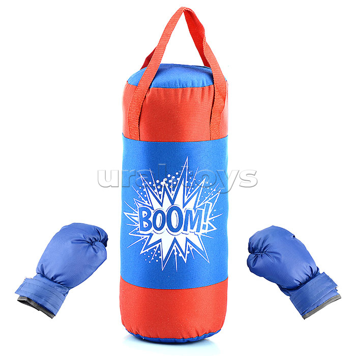 Набор для бокса: груша 50см х Ø20см (оксфорд) с перчатками. Цвет василек-красный, принт "BOOM!"