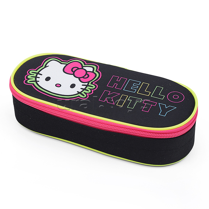 Пенал корпусный овальный Hello Kitty Neon, размер 210*85*50 мм. Жесткий каркас овальной формы на картоне с закругленными краями. Корпус покрыт  полиэстером 210 ден. По краям имеется текстильная отделка
