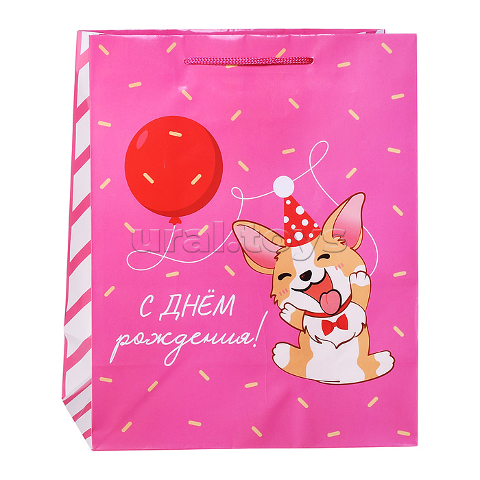 Пакет подарочный с глянцевой ламинацией 26x33x14 см (L) Праздничный корги, 157 г (собс.разр.)