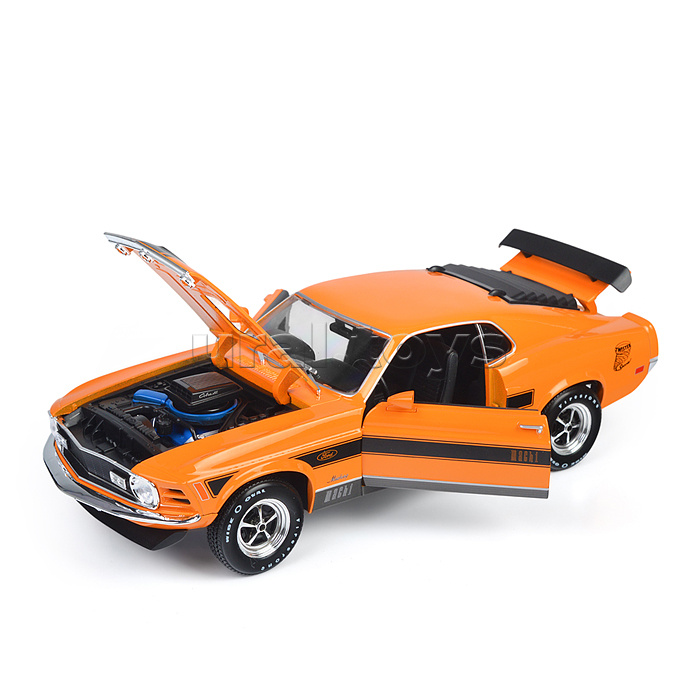 Машинка die-cast 1970 Ford Mustang Mach 1, 1:18,  оранжевая с принтом, открывающиеся двери