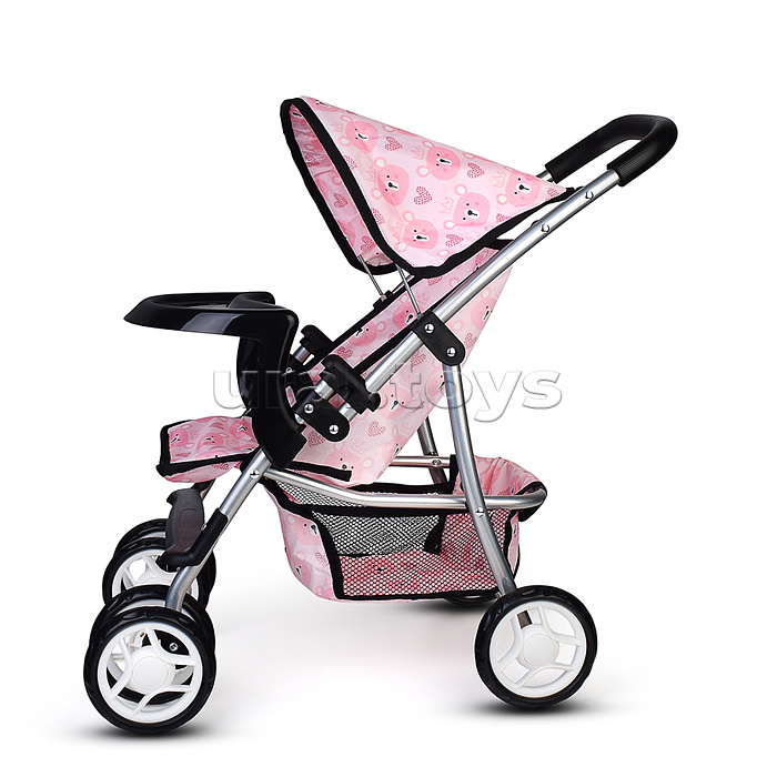 Коляская кукольная металлическая, со столиком, корзиной и козырьком, принт мишки