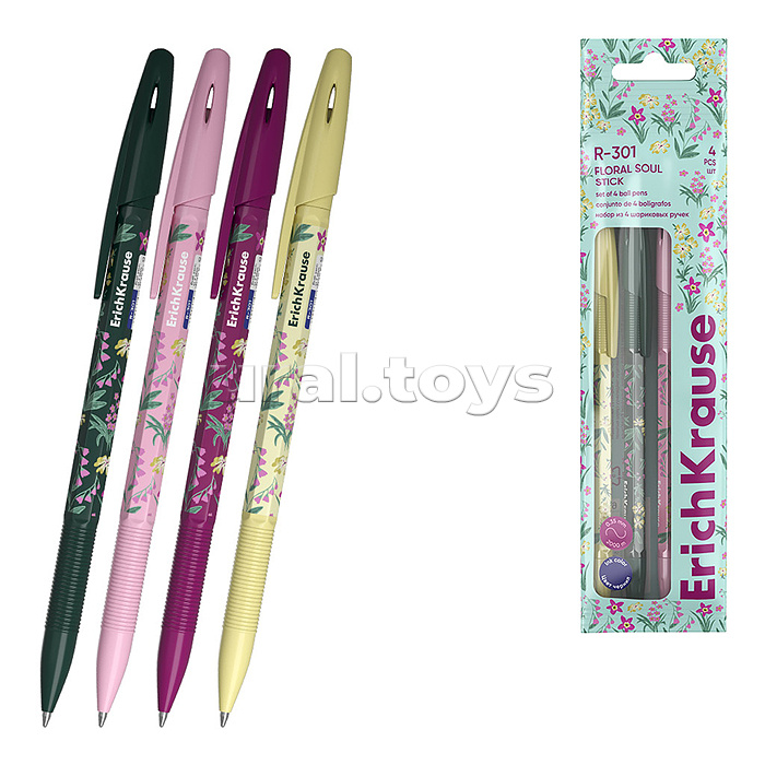 Набор из 4 ручек шариковых R-301 Stick Floral Soul 0.7, цвет чернил синий (в пакете) Набор из 4 ручек шариковых R-301 Stick Floral Soul 0.7, цвет чернил синий (в пакете)