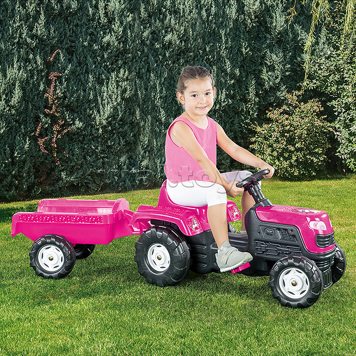 Трактор педальный Unicorn, с прицепом, клаксон, розовый