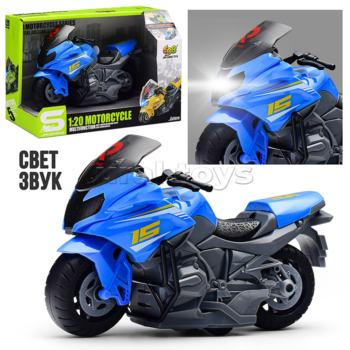 Мотоцикл "Спортивный" 1:20 (свет, звук) в коробке (цвет синий)