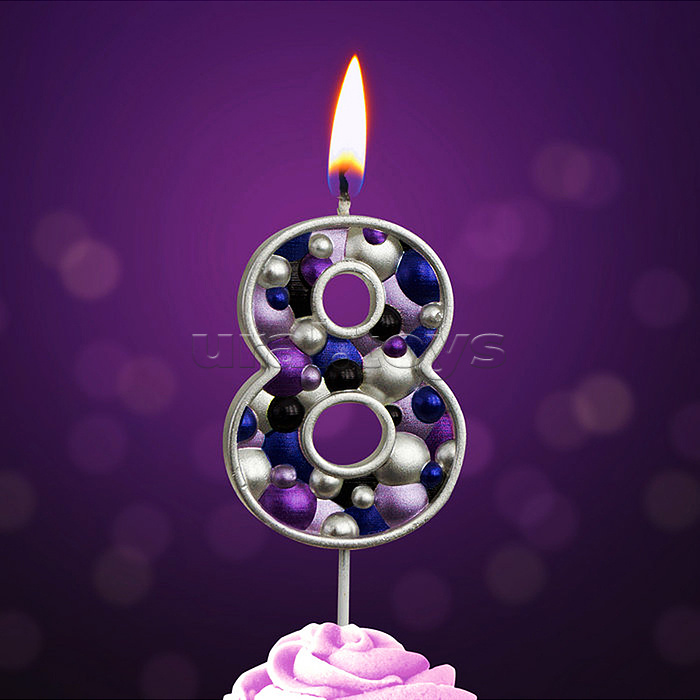 Свеча Цифра, 8 Пузырьки, на шпажке, Сиреневый, Металлик, 4*5,5 + 4 см, 1 шт. с держат.