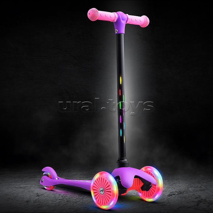 Самокат 3-х колесный ROCKET,колеса PU со светом, светящаяся стойка, ABEC 7, фиолетовый
