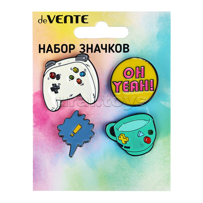 Набор значков "GAME" эмалированные, размер изделий: игровой планшет 3x2,6 см, круглый значок 2,3 см, восклицательный знак 1,8x2,5 см, чашка 2,6x2,2 см на карточке 7,0x9,5 см с пластиковым пакетом