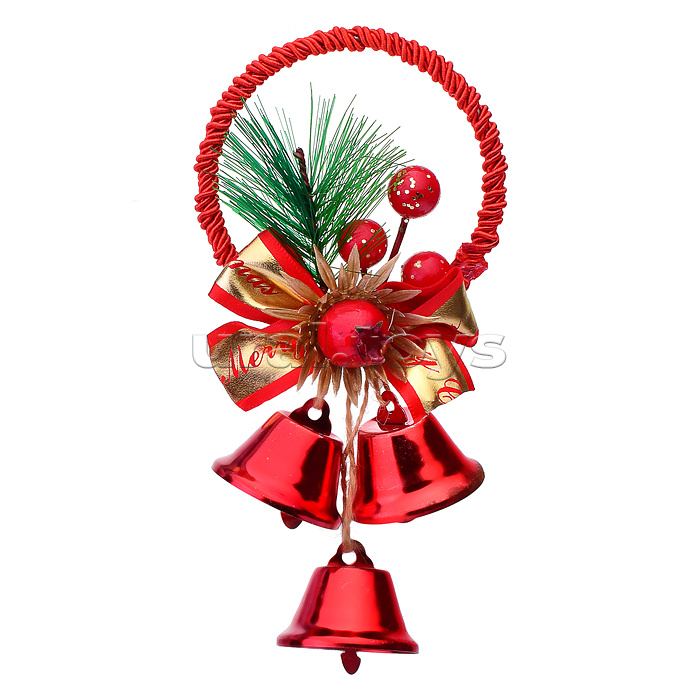 Новогоднее украшение "Колокольчики с ягодами и веточкой на подвесе" (9*16см.)