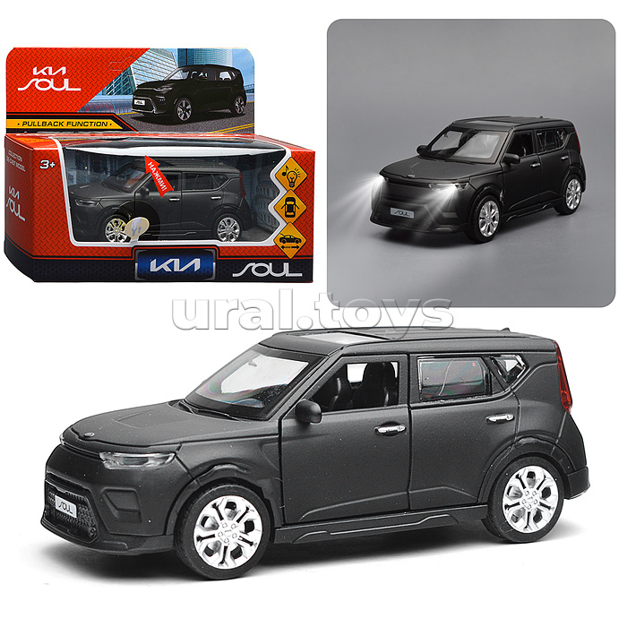 Машина металл KIA soul 12 см, (свет-звук, двер, черный матовый)инерц., в коробке