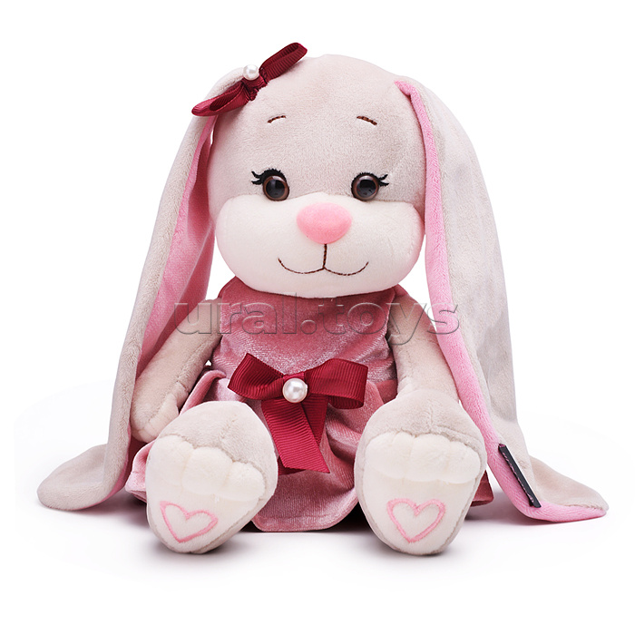 Зайка Лин в розовом бархатном платьице с бантиком, 20 см