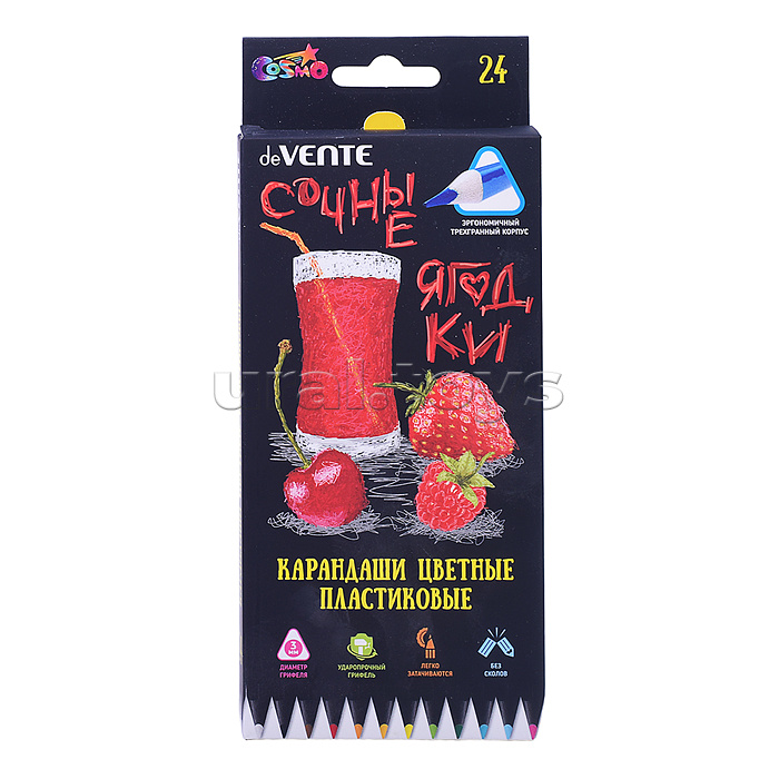 Карандаши цветные пластиковые 24 цв., "Juicy Black" 2М, диаметр грифеля 3 мм, трёхгранные. Карандаши цветные пластиковые 24 цв., "Juicy Black" 2М, диаметр грифеля 3 мм, трёхгранные.