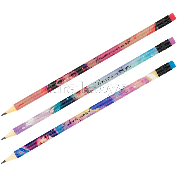 Карандаш ч/г "Girls and music" HB, заточен., с печатью, с ластиком, ассорти, туба