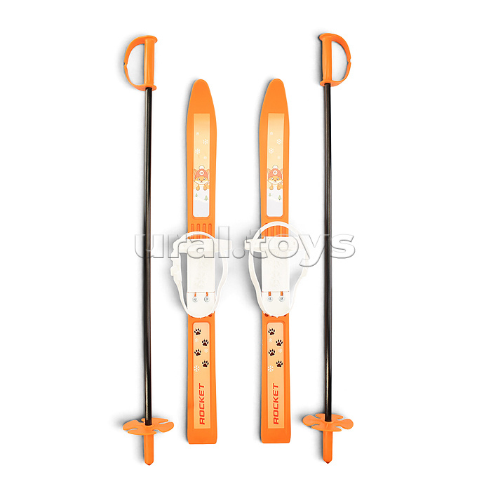 Лыжи детские ROCKET SKI MINI Лисёнок 66/75 см, крепление мягкое пластиковое, с палками стеклопластик (в сетке)