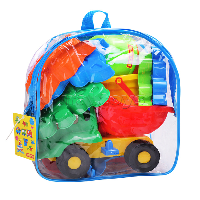 Набор №301 (в рюкзаке): "Муравей", автомобиль-самосвал + ведро малое, лопатка №5, грабельки №5, формочки (самосвал + паровоз + белочка + пёсик + котёнок + медведь), лейка малая №4