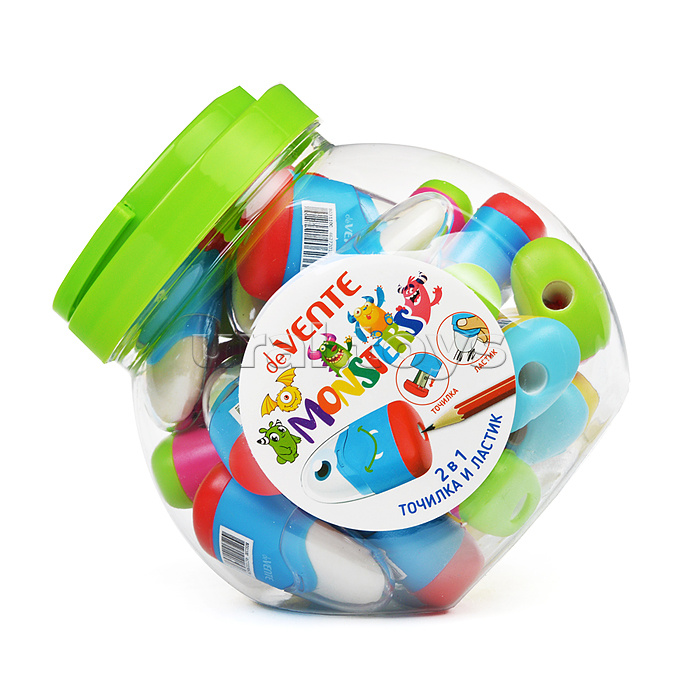 Точилка и ластик 2 в 1 "Monsters" 1 отверстие, пластиковая цветная с контейнером, ластик белый из синтетического каучука, ассорти, в пластиковой банке