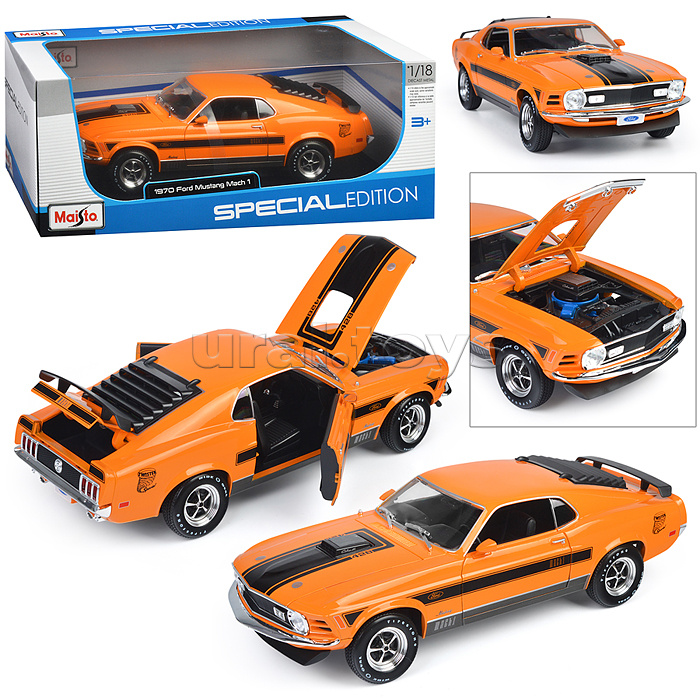 Машинка die-cast 1970 Ford Mustang Mach 1, 1:18,  оранжевая с принтом, открывающиеся двери