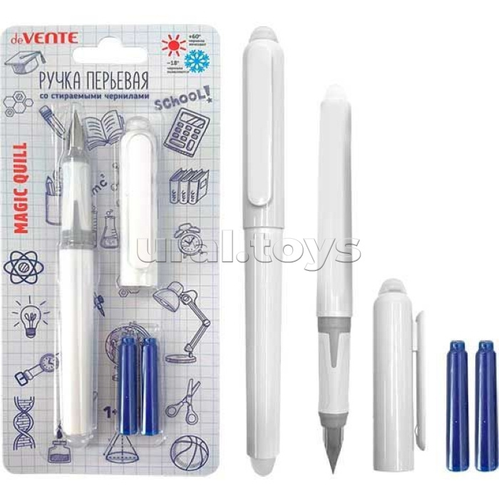 Ручка перьевая стираемая "Magic Quill" перо среднее F (Fine) с каучуковым держателем, в комплекте с 3-мя баллончиками 0,8 мл (1 - в ручке, 2 - запасных), белый корпус, синий цвет чернил, блистерная упаковка
