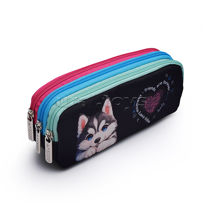 Пенал "Cute Husky" 21x8,5x5,5 см, прямоугольный для 60 предметов, плотный износостойкий полиэстер с водоотталкивающей пропиткой, 3 отделения на молнии, с молниями 3-х цветов