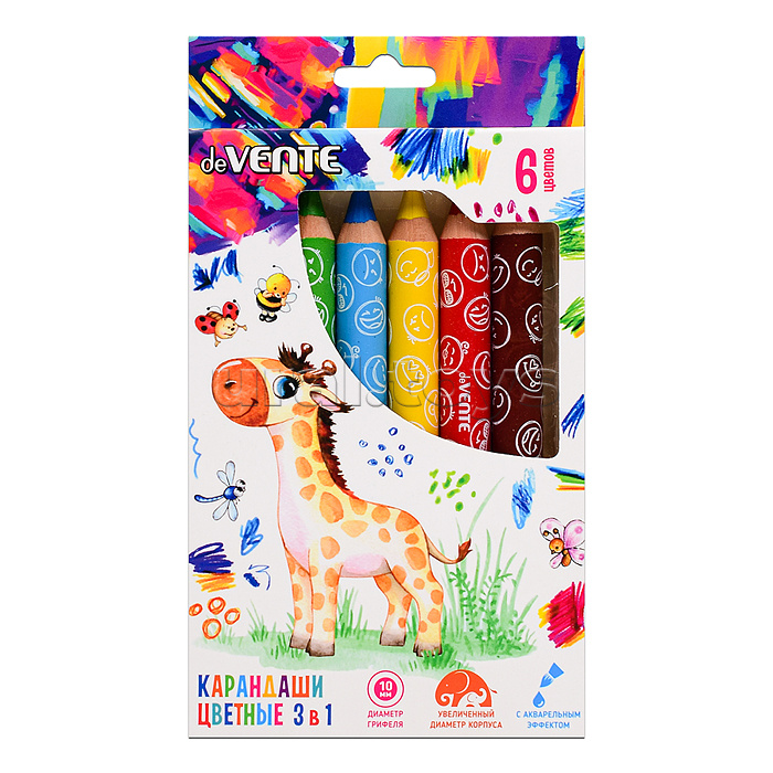Карандаши цветные "Jumbo 3 in 1" 06 цветов, супер мягкие, с акварельным эффектом, с точилкой, в картонной коробке