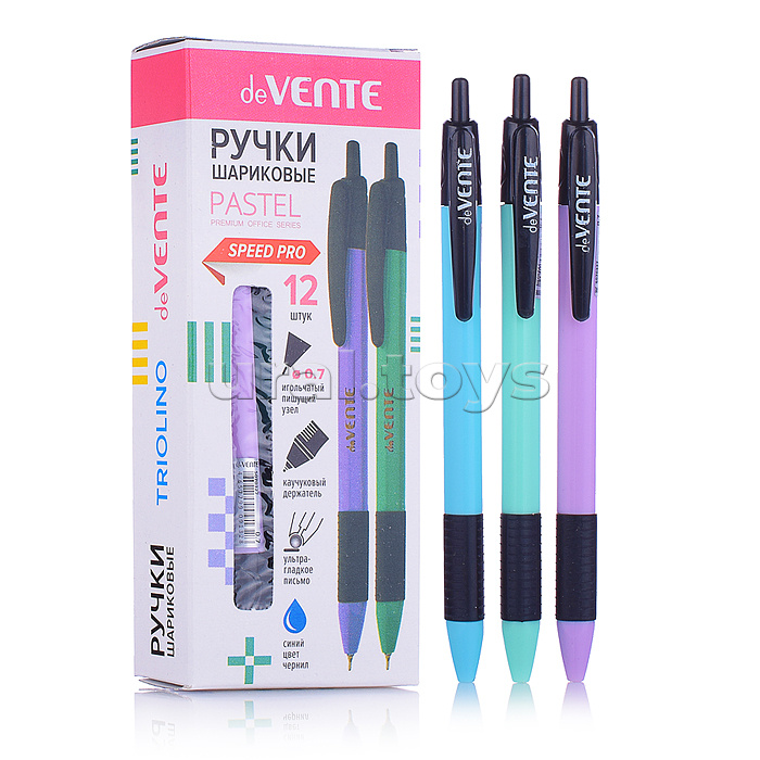 Ручка шариковая автоматическая "Triolino Pastel" серия Speed Pro, d=0,7 мм, ультра гладкое письмо, чернила на масляной основе, стандартный пишущий узел, пастельный трехгранный корпус с черным каучуковым держателем, цвет корпуса ассорти неон, сменный стерж