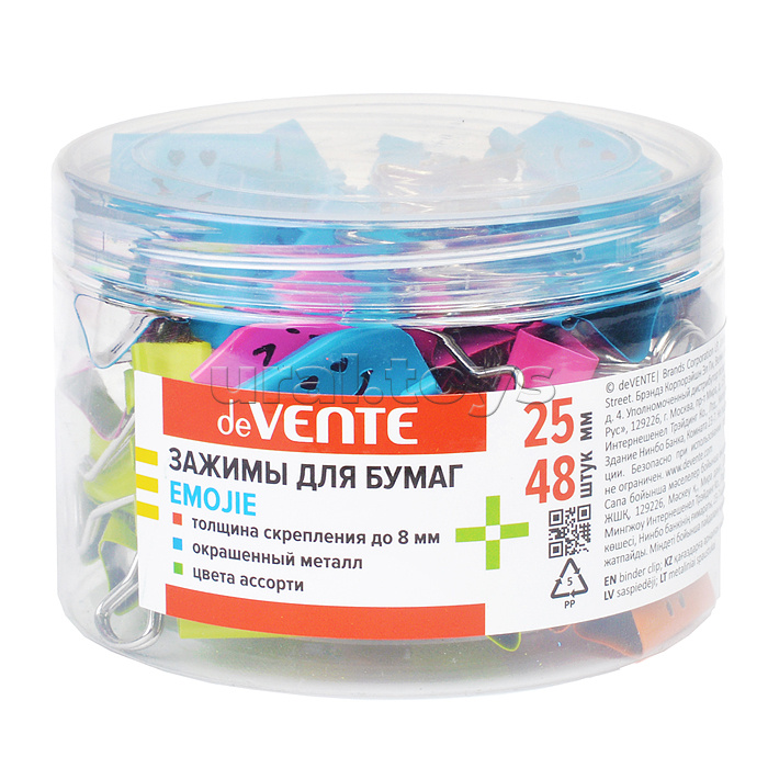 Зажим для бумаг "Emojie" металлический (25 мм) толщина скрепления до 10,5 мм, цветной ассорти, 48 шт в пластиковой тубе