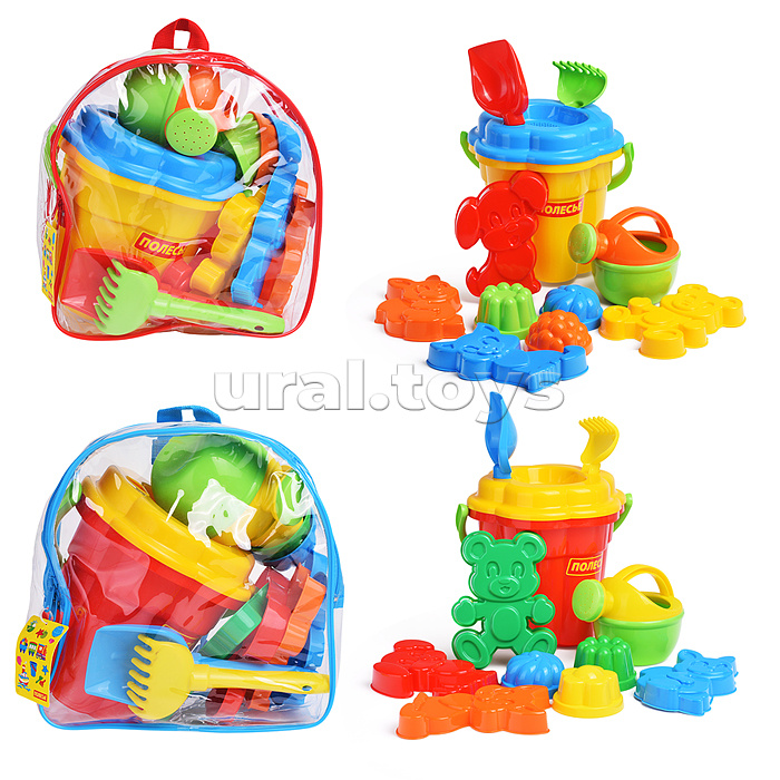 Набор №168 (в рюкзаке): ведро-цветок большое, ситечко-цветок большое, лопатка №5, грабельки №5, формочки (белочка + пёсик + котёнок + медведь), 3 формочки, лейка малая №4