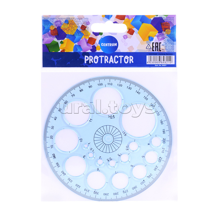 Транспортир пластиковый 360 гр, шкала деления, европодвес