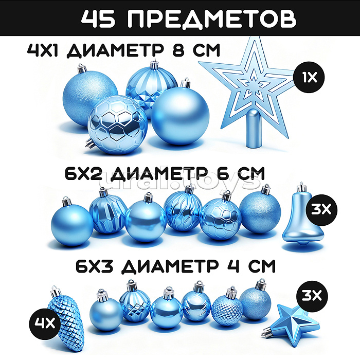 Набор новогодних украшений "Синий иней" (45шт х 4, 6, 8 см) Набор новогодних украшений "Синий иней" (45шт х 4, 6, 8 см)