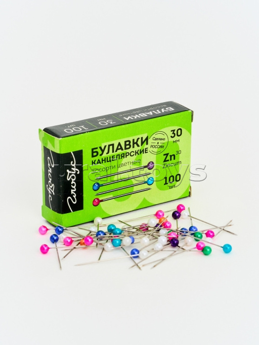 Булавки с цветной голов. L30 мм 100 шт., карт. упаковка