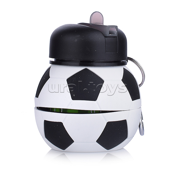 Бутылка складная 550 мл, герметичная, с пластиковыми деталями, с пластиковой крышкой и поильником, с карабином, в виде футбольного мяча, черно-белая, индивидуальная упаковка